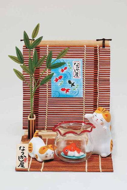 Cat Family Having Fun in Summer Japanese Okimono Figurine