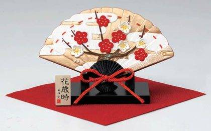 Fan-Shaped Okimono Japanese Blooming Plum