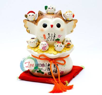 Okimono Good-Luck Owl and Seven Owl Deities of Happiness