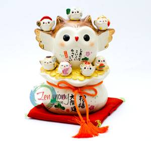 Okimono Good-Luck Owl and Seven Owl Deities of Happiness